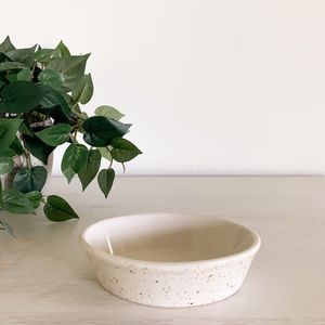 small brown speckled white dish